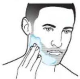 Illustration of a person applying facial care to their face, showing the mask and hand near the chin (no text or symbols)