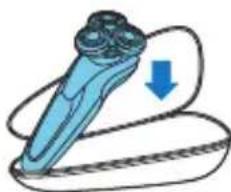 Illustration of a blue medical device with a downward arrow indicating compression or disassembly (no text or symbols)