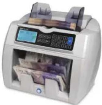 White digital currency counter with digital display and banknotes (no visible text or symbols)