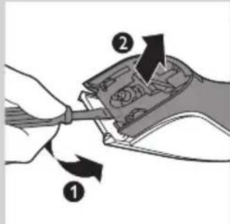 Diagram showing a hand holding a cable with two labeled arrows indicating process steps.