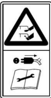 Warning sign with hazard symbol, correct safety instruction, and incorrect repair instructions