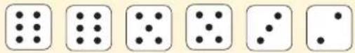 Six dice showing different patterns: five filled and one empty, likely representing a counting or logic puzzle.
