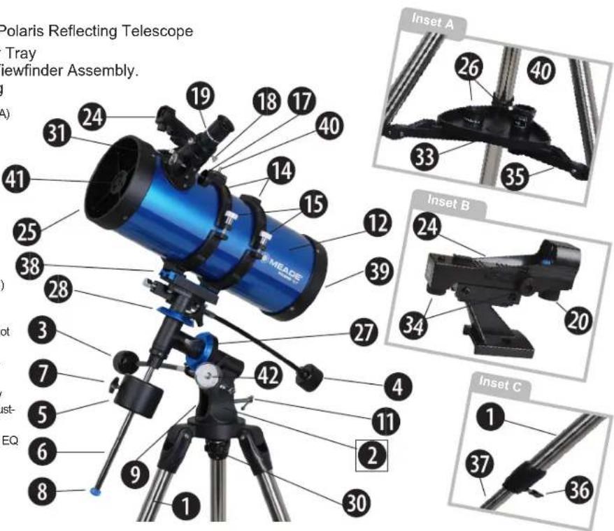 Polaris Reflecting Telescope Tray Viewfinder Assembly. A) 31 24 19 18 17 40 41 25 38 28 3 7 5 6 8 9 1 2 11 2 42 42 30 39 35 33 34 33 Inset A 26 40 Inset B 24 20 Inset C 1 37 36