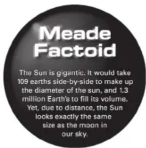 Meade Factoid The Sun is gigantic. It would take 109 earths side-by-side to make up the diameter of the sun, and 1.3 million Earth's to fill its volume. Yet, due to distance, the Sun looks exactly the same size as the moon in our sky.