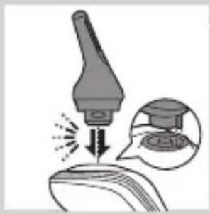 Illustration of a medical or laboratory procedure showing a tool pressing down on a device with an inset magnified view (no text or symbols)