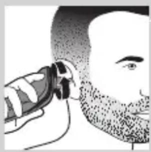 Illustration of a person using a handheld device to interact with a beard (no text or symbols visible)