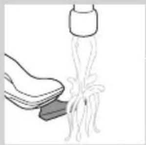 Illustration of a shoe being dispensed into a bottle (no text or symbols)
