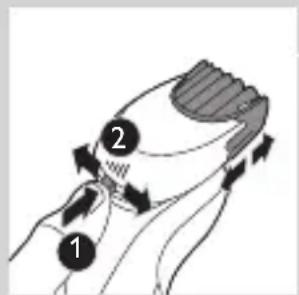 Diagram showing two labeled parts (1 and 2) of a mechanical or fluid system with directional arrows indicating flow or movement.