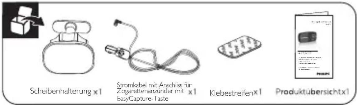 Scheibenhalterung x1 Stromkabel mit Anschliss für Zogarettenanzünder mit x1 EasyCapture-Taste Klebestreifenx1 Produktübersichtx1