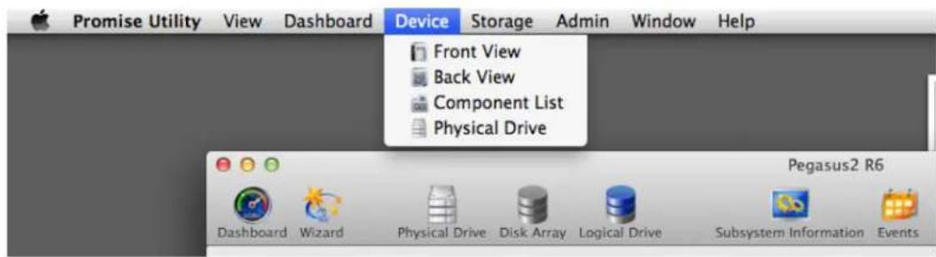 Promise Utility View Dashboard Device Storage Admin Window Help Front View Back View Component List Physical Drive Pegasus2 R6 Dashboard Wizard Physical Drive Disk Array Logical Drive Subsystem Information Events