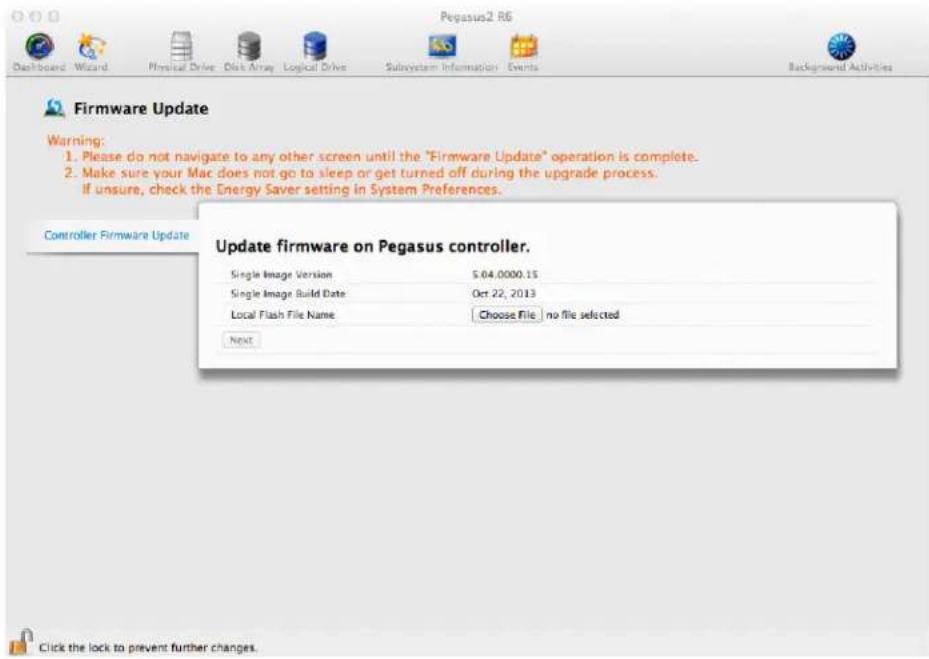 Pegasus2 R6 Dashboard Wizard Physical Drive Disk Array Logical Drive Subsystem Information Events Background Activities Firmware Update Warning: 1. Please do not navigate to any other screen until the "Firmware Update" operation is complete. 2. Make sure your Mac does not go to sleep or get turned off during the upgrade process. If unsure, check the Energy Saver setting in System Preferences. Controller Firmware Update Update firmware on Pegasus controller. Single Image Version $04.0000.15 Single Image Build Date Oct 22, 2013 Local Flash File Name Choose File no file selected Next Click the lock to prevent further changes.