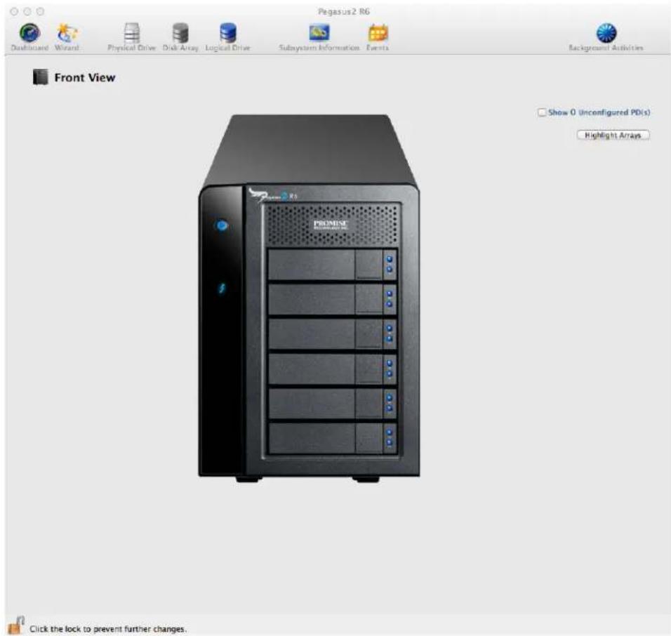 Pegasus2 R6 Dashboard Wizard Physical Drive Disk Array Logical Drive Subsystem Information Events Background Activities Front View Show 0 Unconfigured PD(s) Highlight Arrays... PRIMEST Click the lock to prevent further changes.