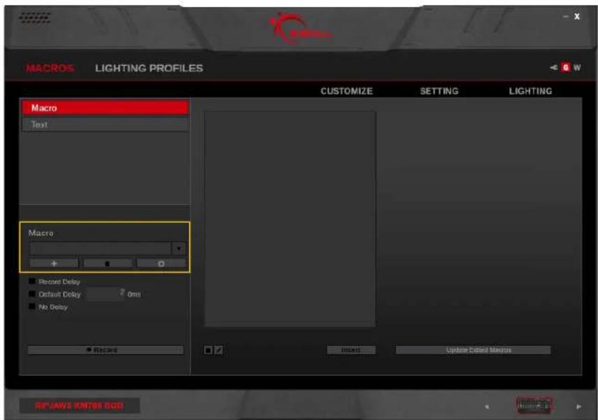 MACROS LIGHTING PROFILES CUSTOMIZE SETTING LIGHTING Macro Text Macro + - Record Delay Default Delay 2.0ms No Delay Record Update Based Mirror RPIJAWA RMT80 RGB