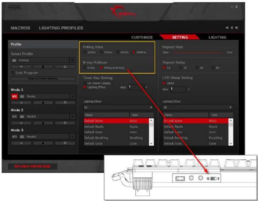 MACROS LIGHTING PROFILES CUSTOMIZE SETTING LIGHTING Profile Select Profile Profile1 Link Program Start to Direct Memory Polling Rate 100Hz 200Hz 300Hz 500Hz 1000Hz N-key Rollover 6-Key N-key (Full Key) Timer Key Setting On Screen Display Lighting Effect Wait 1 Lighting Effect All Name Type Default Wave Wave Default Ripple Ripple Default Sonic Sonic Default Breathing Breathing Default Cycle Cycle Repeat Rate Slow Fast Repeat Delay 1x 2x 4x 8x LED Sleep Setting Sleep Wait 1 Lighting Effect All Name Type Default Wave Wave Default Ripple Ripple Default sonic Sonic Default Breathing Breathing Default Cycle Cycle REVIEW2 KMT86 ROB