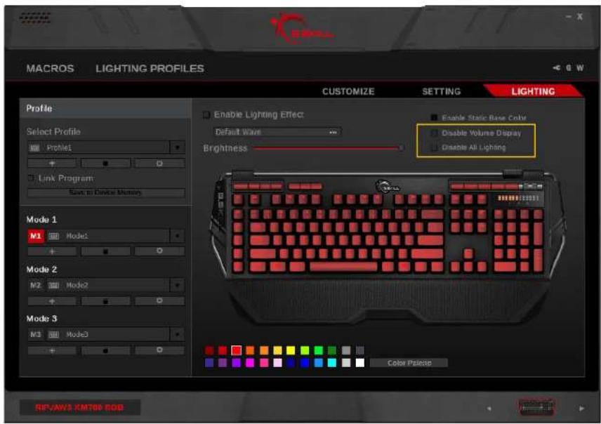 MACROS LIGHTING PROFILES CUSTOMIZE SETTING LIGHTING Profile Select Profile Profile1 Link Program Save to Device Memory Enable Lighting Effect Default Wave Brightness Enable Static Base Color Disable Volume Display Disable Alt Lighting Mode 1 M1 Mode1 Mode 2 M2 Mode2 Mode 3 M3 Mode3 Color Palette RIFJAWS KM700 EOD