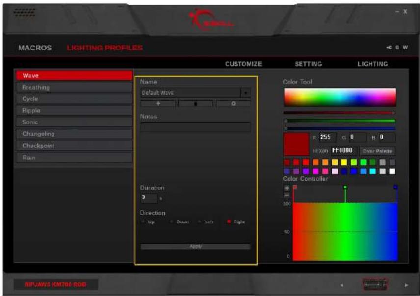 MACROS LIGHTING PROFILES CUSTOMIZE SETTING LIGHTING Wave Breathing Cycle Ripple Sonic Changeling Checkpoint Rain Name Default Wave + 0 Notes Duration 3 Direction Up Down Left Right Apply Color Tool R 255 G 0 B 0 H1 (x) FF0000 Clear Palette Color Controller 100 50 0 RIFJAWS KM786 ROD