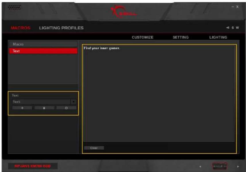 MACROS LIGHTING PROFILES Macro Text Text1 + # O CUSTOMIZE SETTING LIGHTING Find your inner gamer. Clear RIFJAWS XM700 SOD