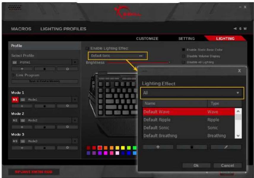 MACROS LIGHTING PROFILES CUSTOMIZE SETTING LIGHTING Profile Enable Lighting Effect Default Sonic Brightness Enable Static Base Color Disable Volume Display Disable All Lighting Mode 1 M1 Mode1 Mode 2 M2 Mode2 Mode 3 M3 Mode3 Lighting Effect All Name Type Default Wave Wave Default Ripple Ripple Default Sonic Sonic Default Breathing Breathing OK Cancel RFJAWS XM786 SOD