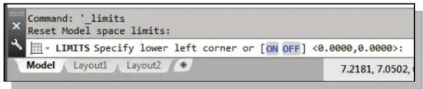 Command: '_limits Reset Model space limits: LIMITS Specify lower left corner or [ON OFF] <0.0000,0.0000>: Model Layout1 Layout2 7.2181, 7.0502,