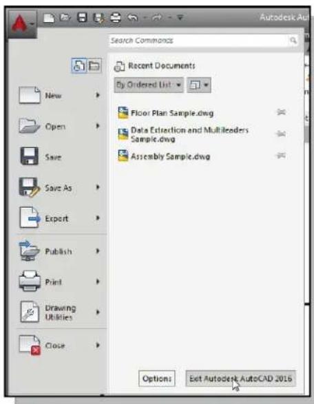 Autodesk AutoCAD 2016 Search Commands Recent Documents By Ordered List Floor Plan Sample.dwg Data Extraction and Multileaders Sample.dwg Assembly Sample.dwg Options Exit Autodesk AutoCAD 2016