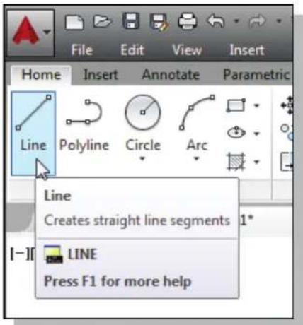 File Edit View Insert Home Insert Annotate Parametric Line Polyline Circle Arc Line Creates straight line segments LINE Press F1 for more help