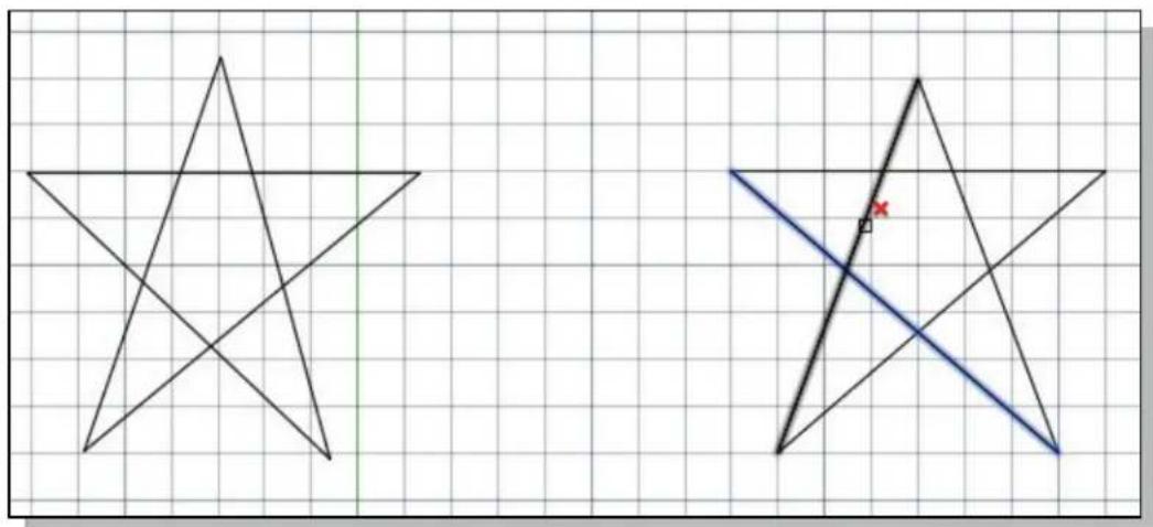 Two geometric star shapes drawn on grid paper, one with intersecting lines and another with a diagonal line marked by a red 'x'.