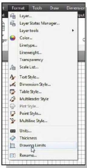 Format Tools Draw Dimension Layer... Layer States Manager... Layer tools Color... Linetype... Lineweight... Transparency Scale List... Text Style... Dimension Style... Table Style... Multileader Style Plot Style... Point Style... Multiline Style... Units... Thickness Drawing Limits Rename...