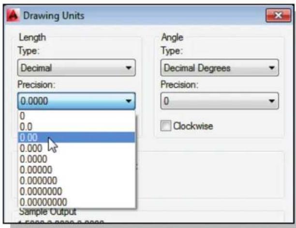 Drawing Units Length Type: Decimal Precision: 0.0000 0 0.0 0.00 0.000 0.0000 0.00000 0.000000 0.0000000 0.0000000 Sample Output Angle Type: Decimal Degrees Precision: 0 Clockwise