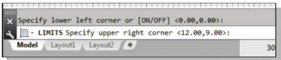 Specify lower left corner or [ON/OFF] <0.00,0.00>: LIMITS Specify upper right corner <12.00,9.00>: Model Layout1 Layout2 30