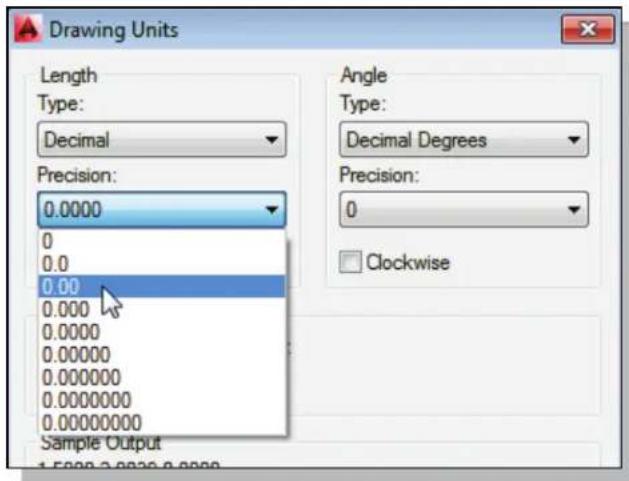 Drawing Units Length Type: Decimal Precision: 0.0000 0 0.0 0.00 0.000 0.0000 0.00000 0.000000 0.0000000 0.0000000 Sample Output Angle Type: Decimal Degrees Precision: 0 Clockwise