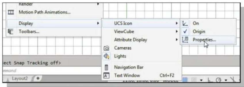 Render Motion Path Animations... Display Toolbars... UCS Icon ViewCube Attribute Display Cameras Lights Navigation Bar Text Window Ctrl+F2 On Origin Properties... ect Snap Tracking off> command Layout2