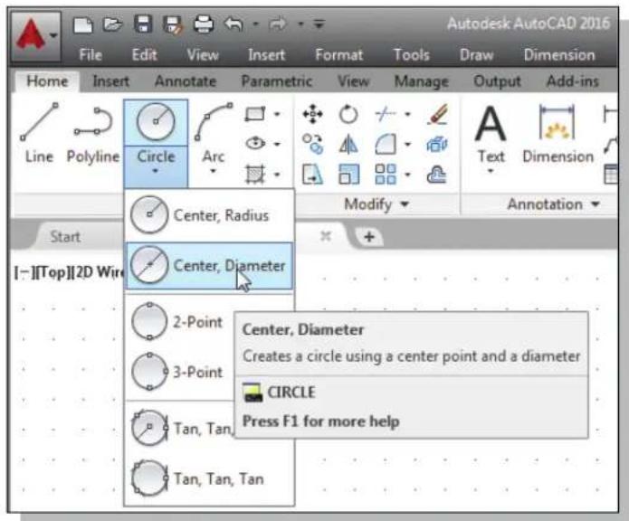 Autodesk AutoCAD 2016 File Edit View Insert Format Tools Draw Dimension Home Insert Annotate Parametric View Manage Output Add-ins Line Polyline Circle Arc Center, Radius Center, Diameter 2-Point 3-Point Tan, Tan Tan, Tan, Tan Start I-[]Top]2D Wire Modify Annotation Center, Diameter Creates a circle using a center point and a diameter CIRCLE Press F1 for more help
