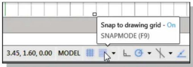 Snap to drawing grid - On SNAPMODE (F9) 3.45, 1.60, 0.00 MODEL