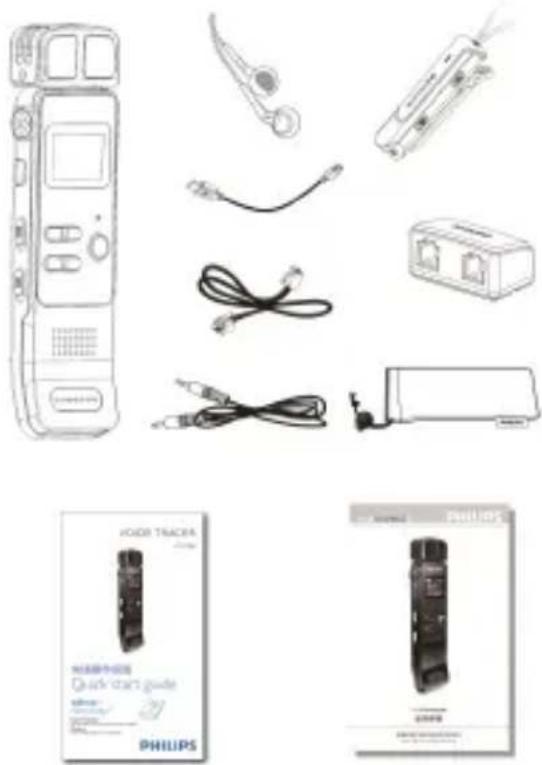 Product line drawings of various electronic devices including a handheld audio recorder, cable, and charging case (no text or symbols visible)