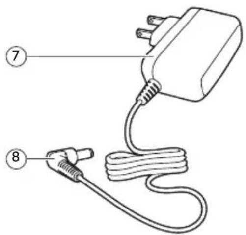 Diagram of a mobile phone charger with labeled parts 7 and 8, showing cable and plug connections.