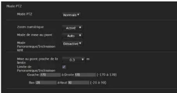 Mode PTZ Mode PTZ Normale Zoom numérique Active Mode de mise au point Auto Mode Panoramaque/Inclinaison lent Désactive Mise au point proche de la limite 0,3 m Limite de Panoramaque/Inclinaison Gouche (170) à Droite (170) (-170 à 170) Bas (20) à Haut (90) (-20 à 90)