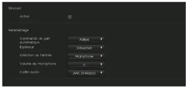 Emoyer Active Paramétrage Commande de gain automatique Égaliseur Déactivé Sélection de l'entrée Microphone Volume du microphone 0 Code audio AEC (64kbps)