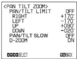 PAN/TILT LIMIT OFF RIGHT +170° LEFT -170° UP +090° DOWN -020° PAN/TILT SLOW OFF D-ZOOM ON OKOK SELECT KEYBACK