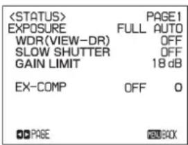 PAGE1 EXPOSURE FULL AUTO WDR(VIEW-DR) OFF SLOW SHUTTER OFF GAIN LIMIT 18 dB EX-COMP OFF O PAGE FREEBACK