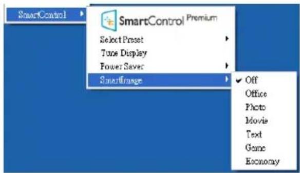 SmartControl SmartControl Premium Select Preset Tune Display Power Saver SmartImage Off Office Photo Movie Text Game Economy