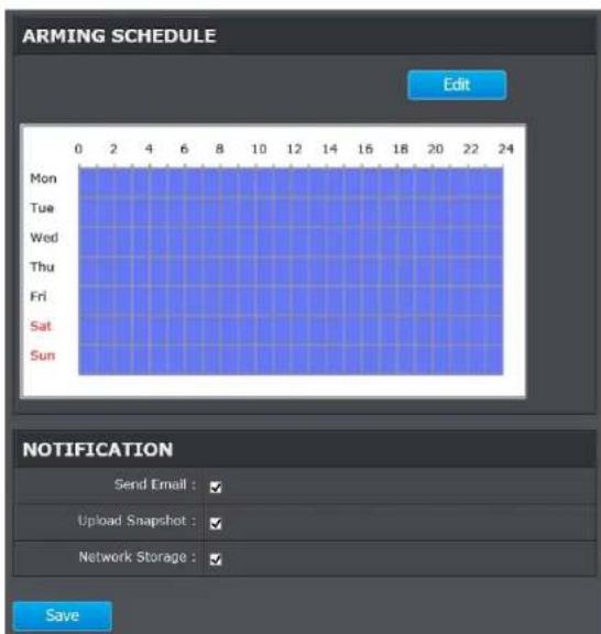ARMING SCHEDULE Edit Mon Tue Wed Thu Fri Sat Sun NOTIFICATION Send Email : ✓ Upload Snapshot : ✓ Network Storage : ✓ Save