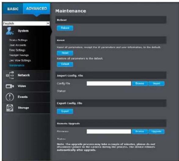 BASIC ADVANCED English System Device Settings User Accounts Time Settings Onboard Savings Line View Settings Maintenance Network Video Events Storage Maintenance Refresh Refresh Reset all parameters, except the IP parameters and user information, to the default. Reset Restore all parameters to the d…