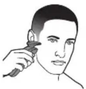 Line drawing of a person using a handheld device to apply or observe (no text or symbols present)