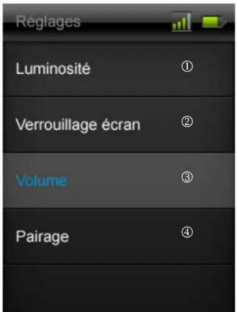 Réglages Luminosité ① Verrouillage écran ② Volume ③ Pairage ④