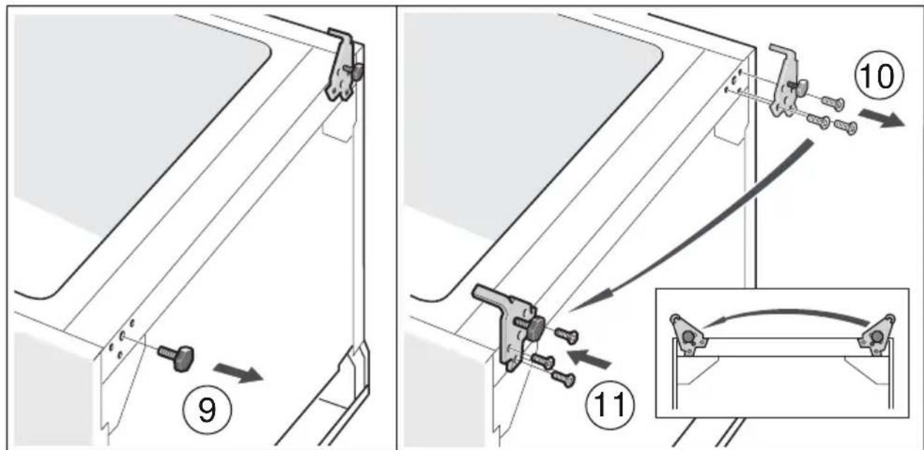 Technical diagram showing mechanical assembly steps with numbered instructions and directional arrows