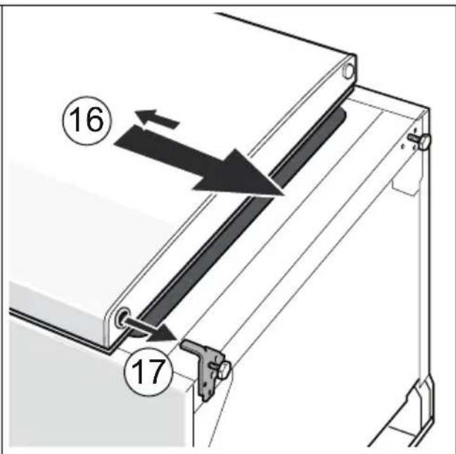 Technical diagram showing a mechanical assembly with numbered components and directional arrows indicating motion or movement.
