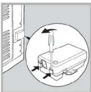 Schéma montrant un dispositif avec un tournevis inséré dans un boîtier, entouré d'une flèche circulaire indiquant une rotation (sans texte ni symboles)