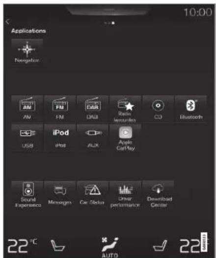 Applications Navigation AM FM DAS Radio lekuptions CO Bluetooth iPod USB iPod ALX Apple CarPlay Sound Expenseco Messages Car Stadus Linear performance Download Center 22°C AUTO 22