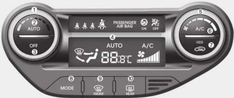 1 2 AUTO OFF 3 4 PASSENGER AIR BAG ON OFF 5 A/C 6 AUTO A/C 7 MODE 9 FRONT 10 REAR