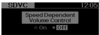 SDVC 12:05 Speed Dependent Volume Control ○ On ○ Off